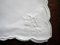Set of 4 Embroidered Linen Hankies w/ Scalloped Edge - 11x10-1/2" - Vintage Shabby Handkerchief - Linen/Cotton