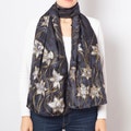 Daffodil Hand Painted Silk Scarf Daffodil Scarf Black White Pure Silk Scarf Daffodil Gifts Spring Scarf Christmas Gift for Wife 68X19