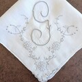 Madeira G monogrammed handkerchief hanky, hand shadow embroidery in gray on white linen, hand rolled hem, 12.5" square, Exc vintage cond