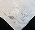 Ivory wedding handkerchief hanky, hand embroidered white rose on linen, pulled thread work, hand rolled edge unused, 11" sq Exc vintage cond