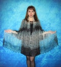 Hand knit turquoise scarf, Handmade Russian Orenburg shawl, Goat wool shoulder wrap, Warm cover up, Lace pashmina, Downy kerchief,Stole,Cape