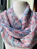 Scarf shawl - hand knit wool, pink blue and white