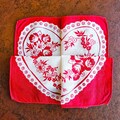 Hidden Heart Folding Puzzle handkerchief hanky, Red Hearts, Ribbons & Flowers, Valentine's Day, engagement gift 12" Excellent vintage condtn
