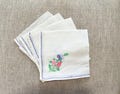 Set of 4 Vintage Transparent Handkerchiefs Hand Embriodered Floral White and Blue
