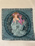 Vintage 1970s Era Fisba Stoffels Art Nouveau Woman Deco Decorative Blue Handkerchief Flower Fairy Pink Decorative Boarder 11" Square