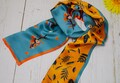 100% Natural Mulberry Silk Narrow Scarf – Blue Orange Floral Print, Elegant Lightweight Satin Headscarf for Women, Luxury Silk Gift