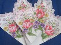 Large Vintage Hanky Red Tulips Violets With White Lavender and Yellow Daisies Scalloped Machine Edge Spring Hankie Handkerchief