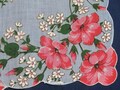 Vintage Hanky Red Morning Glories and White Daisies On Blue Background Scalloped Machine Edge Hankie Handkerchief