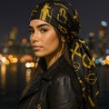 Black & Gold Egypt style Large Silk bandana, Black Silk Scarf with Gold Egyptian Symbols, Headscarf, Neck Wrap Bag Accessory, Gift for Her