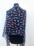 Fox patterned 00s Vintage long scarf in dark blue background with cute orange foxes