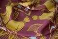 VTG 1970s cat print silk scarf 41x41", yellow and mauve Egyptian cat print, goddess Bastet print by Jazzy for Stockton-Brown International