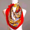 Vtg 1990s Silk Scarf 48" Square Elegant Grecian Red Gold Blue Hand Sewn Edges
