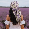 Large Silk bandana with delicate Lavender print, Elegant Square Headscarf with Floral Print, Luxury Silk Wrap for Women, Fashion Accessory