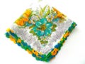 Turquoise and Gold Floral Handkerchief, Crochet Trim, Green