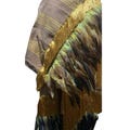 Brown-green tonal stripe Purepecha rebozo with fringe and feathers