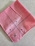 Pink Hankie with Navy Blue French Knots and Flowers 12 Inch Handmade