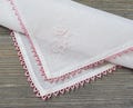 Pink Tatted Lace Hankie, Embroidered Flowers, Vintage Handkerchief