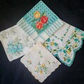 Vintage Handkerchief Lot, Aqua Teal Blue & Yellow Tulips, Spring Time, Unified Colors, Hanky Assortment