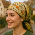Sea Buckthorn Scarf – Autumn Berry Print Headscarf, Olive Green Old Money Bandana, Fall Accessory