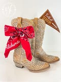 Custom Embroidered Cowboy Boot Bow Bandana / attach to your favorite pair of Cowboy Boots / Features Gold Hardware / School Spirit