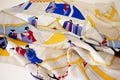 Vintage 1970s silk scarf 33.5x35" with purple, yellow, and blue Asian garden artist print by Lucille Brown for Stockton-Brown International
