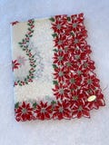 Vintage Cotton Christmas Hankie, Red and Green Poinsettias on White with Holly and Snowflakes, 14” by 14” Square, Christmas Core
