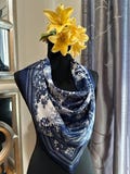 Old Money Look, Vintage-Inspired blue and white Silk-satin poly like Scarf | chinoiserie toile animal Print | Classic Gift Style Accessory
