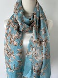 100% Natural Mulberry Silk Chiffon Scarf 71" x 28" Soft Light Weight Blue Leafy Print Silk Neck Scarf Floral Chiffon Scarf Gift for Her