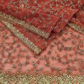 Indian Vintage Bridal Heavy Orange Dupatta Net Mesh Long Stole Hand Embroidered Scarves Golden Zardozi Dabka Zari Sequins Wedding Veil