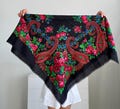 Vintage Black Floral Scarf – Retro Headscarf – Elegant Botanical Print – 1970s Style – Imperfect Beauty
