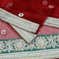 Indian Vintage Heavy Bridal Red Dupatta Net Mesh Long Stole Hand Embroidered Scarves Golden Zardozi Dabka Zari Sequins Wedding Veil Hijab