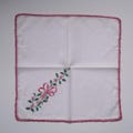 Vintage Christmas Handkerchief – White with hand Embroidered Holly & Red Crocheted Edging