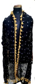 Vintage Indian pure chiffon hand Embroidered black color stole with heavy hand  flower embroidery  dupatta stole scarf wrap hijab veil
