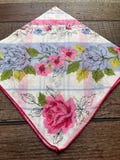 Vintage 1940s Floral Hankie with Garland of Pink & Lavender Wildflowers and Roses, Hand Rolled Hem Handkerchief