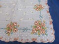 Vintage Hanky Shades Of Orange Roses With Teal and Orange Ribbons Tiny White Daisies In Center Scalloped Machine Edge Hankie Handkerchief