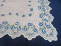 Vintage Hanky Blue Roses Ribbons and Polka Dots Scalloped Machine Edge Hankie Handkerchief
