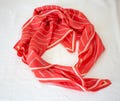Vintage 1970s coral pink silk scarf 34.5x34" with beige and light gray chevron stripe pattern by Jazzy for Stockton-Brown International