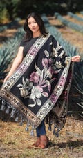 Mexican Woven Rebozo Shawl – Tulip Flower Design with Tassels, Handmade Traditional Wrap Scarf