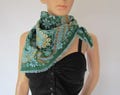 Vintage square scarf, green floral flower power paisley scarf neck tie
