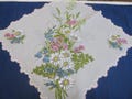 Vintage Hanky Blue Forget Me Nots and Bluebells With Colorful Daisies Spring Bouquet Polka Dots Scalloped Machine Edge Hankie Handkerchief