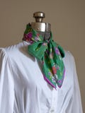 Vintage 1970s green silk scarf 35x34" with magenta and orange flowers and fans artist print by Lucille Brown for Stockton-Brown Int'l