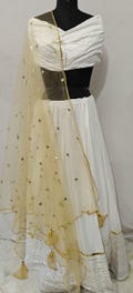 Golden Net Dupatta with Sequin Embroidery, Festive Indian Scarf, Sheer Ethnic Stole for Weddings, Traditional Outfit Accessory for Women
