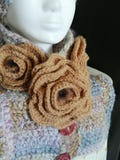 Hand-crocheted set: scarf, headband, and fingerless gloves. Decorative scarf. Warm wrap. Crochet flowers.