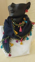 Dark Blue Turkish Oya Scarf: Crochet Tassel Edge, Vintage Floral