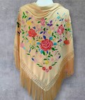 Toffee-colored Spanish flamenco shawl. Multicolored floral embroidery. New.