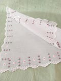 Embroidered rosebud and daisy handkerchief / vintage rose pink scalloped hankie