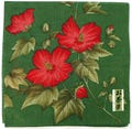 Vintage Japanese Handkerchief Red Hibiscus Flowers on Green, Cotton Floral Textile Art 17 x 17 inches I Free Shipping 35USD+ (Auto in Cart)
