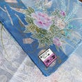 Vintage Kyoto Yuzen Handkerchief | 1985-86 Japanese Peony & Bellflower with Lucky Symbols | Blue Cotton 42cm (16.5”) | Made in Japan