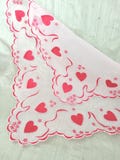 Valentine's Day handkerchief / vintage flocked hearts and doves, red