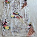 Gorgeous 100% Silk Asian Motif Floral Silk Scarf Peacock Cream Cherry Blossoms